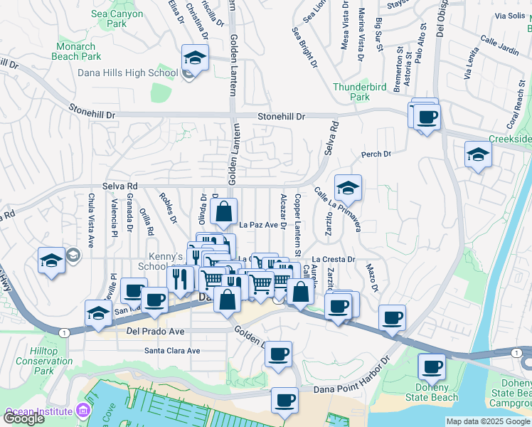 map of restaurants, bars, coffee shops, grocery stores, and more near 33856 Silver Lantern Street in Dana Point