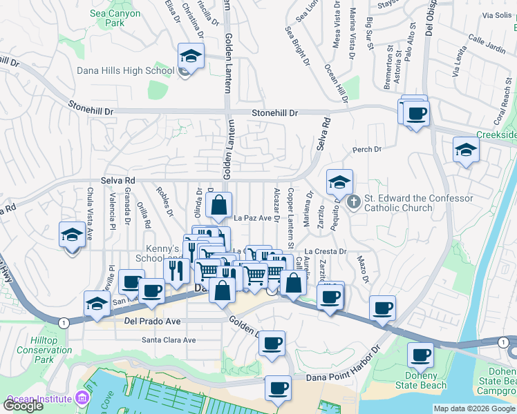 map of restaurants, bars, coffee shops, grocery stores, and more near 33856 Silver Lantern Street in Dana Point