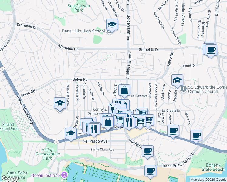 map of restaurants, bars, coffee shops, grocery stores, and more near 33859 Street of the Violet Lantern in Dana Point