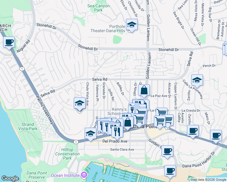 map of restaurants, bars, coffee shops, grocery stores, and more near 33858 El Encanto Avenue in Dana Point