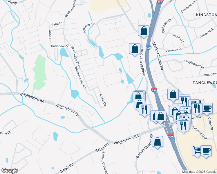 map of restaurants, bars, coffee shops, grocery stores, and more near 1032 Amli Way in Augusta