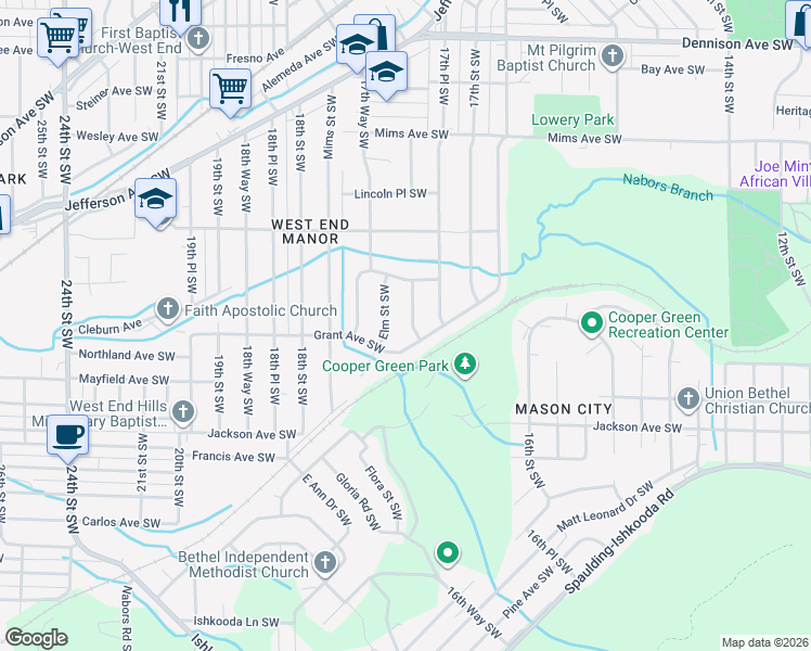 map of restaurants, bars, coffee shops, grocery stores, and more near 1748 Grant Avenue Southwest in Birmingham