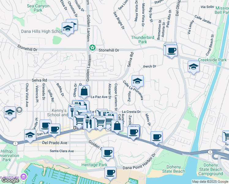 map of restaurants, bars, coffee shops, grocery stores, and more near 33831 Copper Lantern Street in Dana Point
