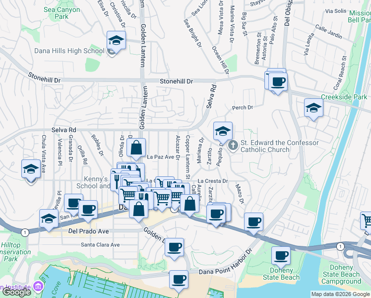 map of restaurants, bars, coffee shops, grocery stores, and more near 33831 Copper Lantern Street in Dana Point