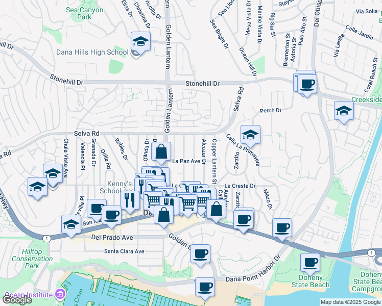 map of restaurants, bars, coffee shops, grocery stores, and more near 33831 Malaga Drive in Dana Point
