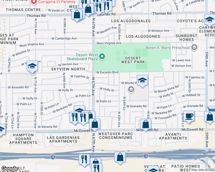 map of restaurants, bars, coffee shops, grocery stores, and more near 6602 West Holly Street in Phoenix