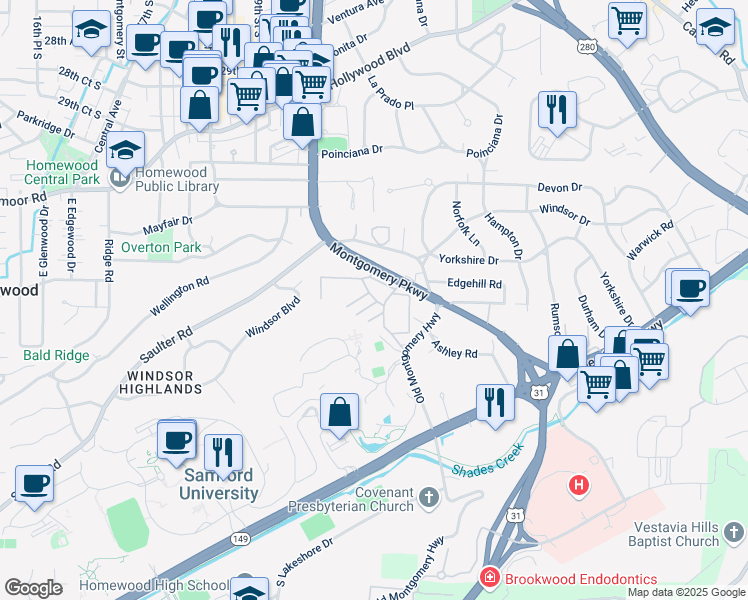 map of restaurants, bars, coffee shops, grocery stores, and more near 3450 Manor Drive in Homewood