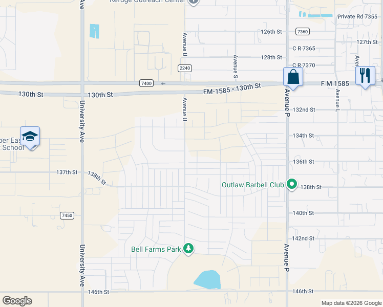map of restaurants, bars, coffee shops, grocery stores, and more near 136th Street in Lubbock