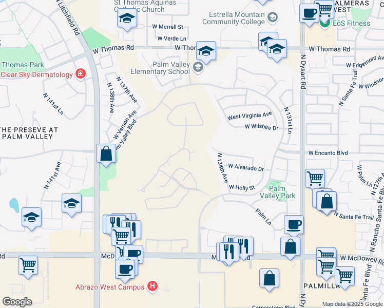 map of restaurants, bars, coffee shops, grocery stores, and more near 2229 North 135th Drive in Goodyear