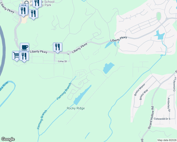 map of restaurants, bars, coffee shops, grocery stores, and more near 1004 Liberty Park Loop in Vestavia Hills
