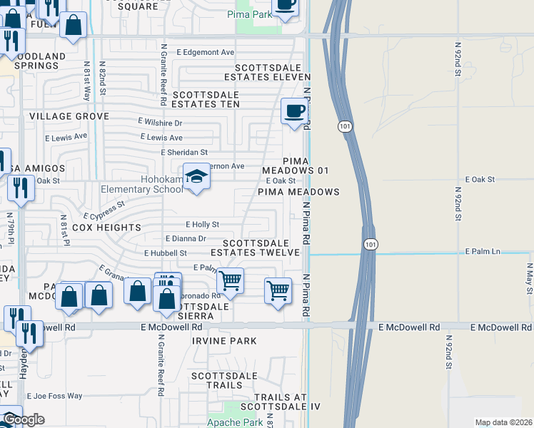 map of restaurants, bars, coffee shops, grocery stores, and more near 2202 North 87th Place in Scottsdale