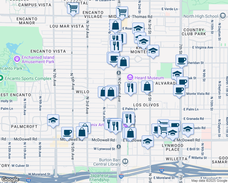 map of restaurants, bars, coffee shops, grocery stores, and more near 2110 North Central Avenue in Phoenix