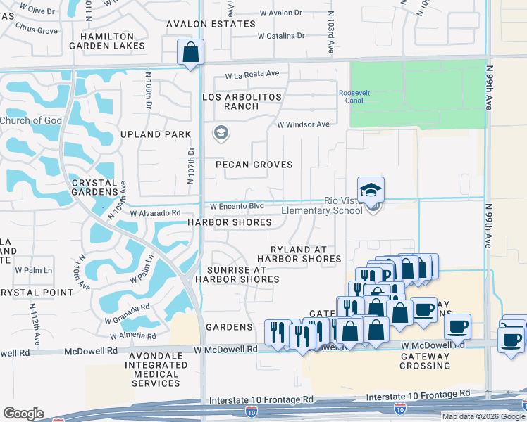 map of restaurants, bars, coffee shops, grocery stores, and more near 10521 West Alvarado Road in Avondale