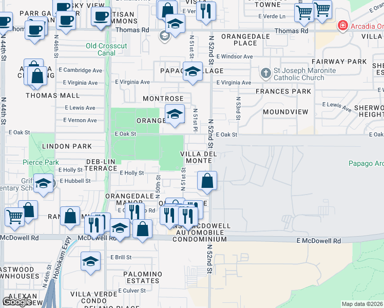 map of restaurants, bars, coffee shops, grocery stores, and more near 5161 East Monte Vista Road in Phoenix