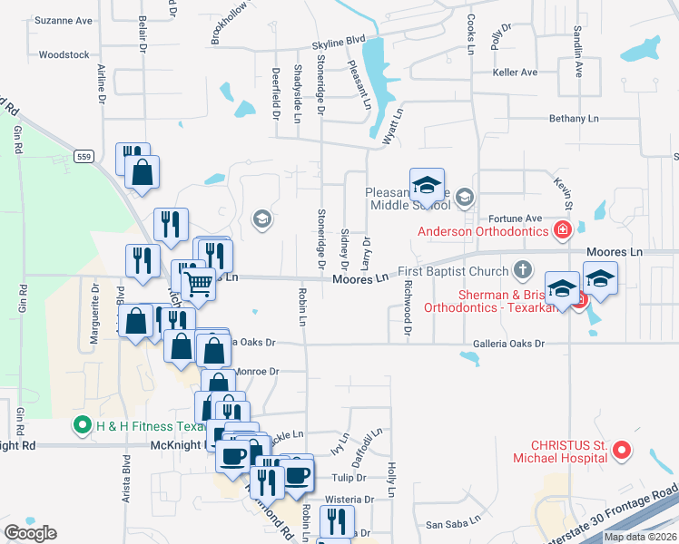 map of restaurants, bars, coffee shops, grocery stores, and more near 1 Sidney Drive in Texarkana