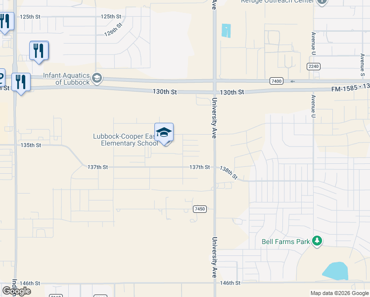map of restaurants, bars, coffee shops, grocery stores, and more near 13000-13998 University Avenue in Lubbock