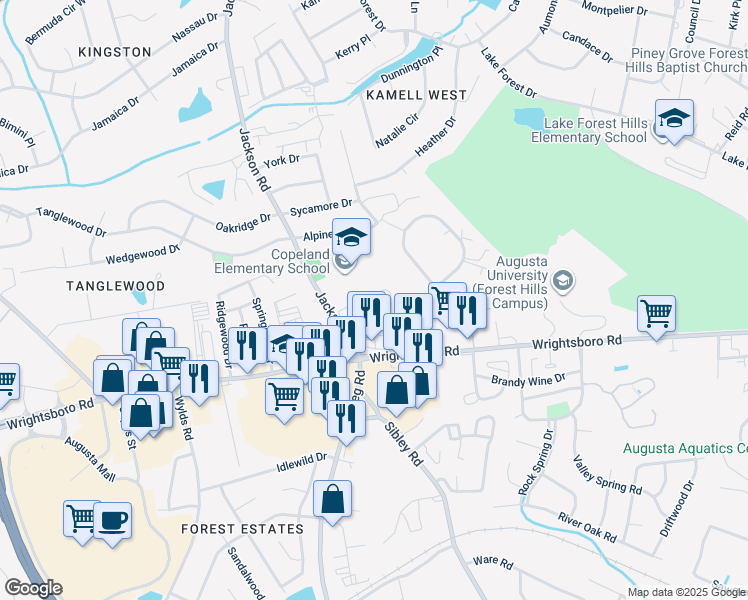 map of restaurants, bars, coffee shops, grocery stores, and more near 3211 Heritage Circle in Augusta