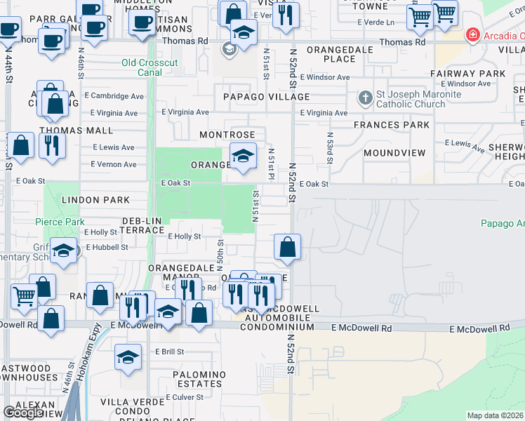 map of restaurants, bars, coffee shops, grocery stores, and more near 2120 North 51st Street in Phoenix