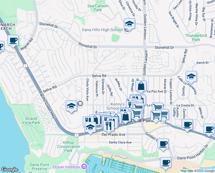 map of restaurants, bars, coffee shops, grocery stores, and more near 33852 Granada Drive in Dana Point