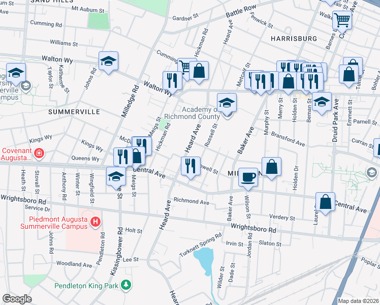 map of restaurants, bars, coffee shops, grocery stores, and more near 1061 Russell Street in Augusta