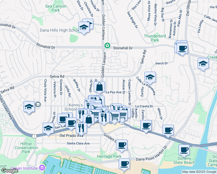 map of restaurants, bars, coffee shops, grocery stores, and more near 33822 Colegio Drive in Dana Point