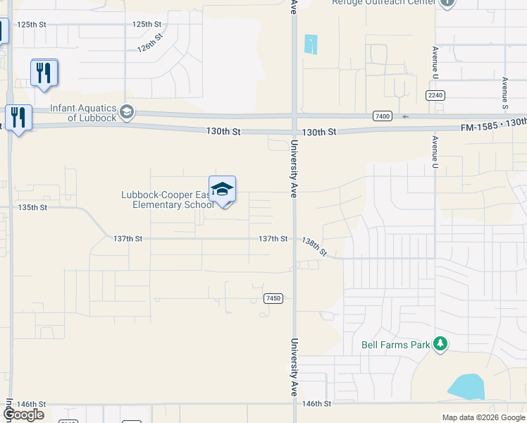 map of restaurants, bars, coffee shops, grocery stores, and more near 13000-13998 University Avenue in Lubbock