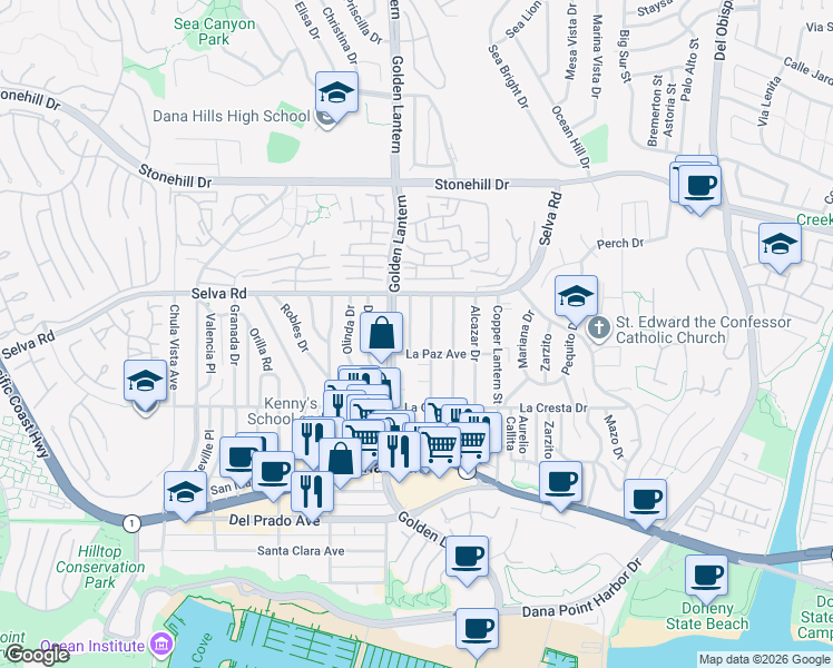 map of restaurants, bars, coffee shops, grocery stores, and more near 33822 Colegio Drive in Dana Point