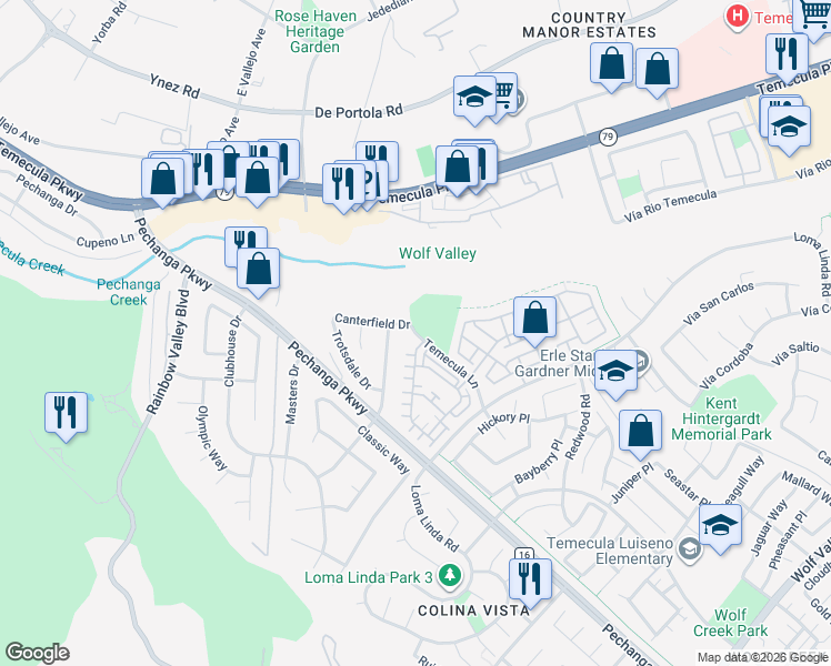 map of restaurants, bars, coffee shops, grocery stores, and more near 45037 Via Vela in Temecula
