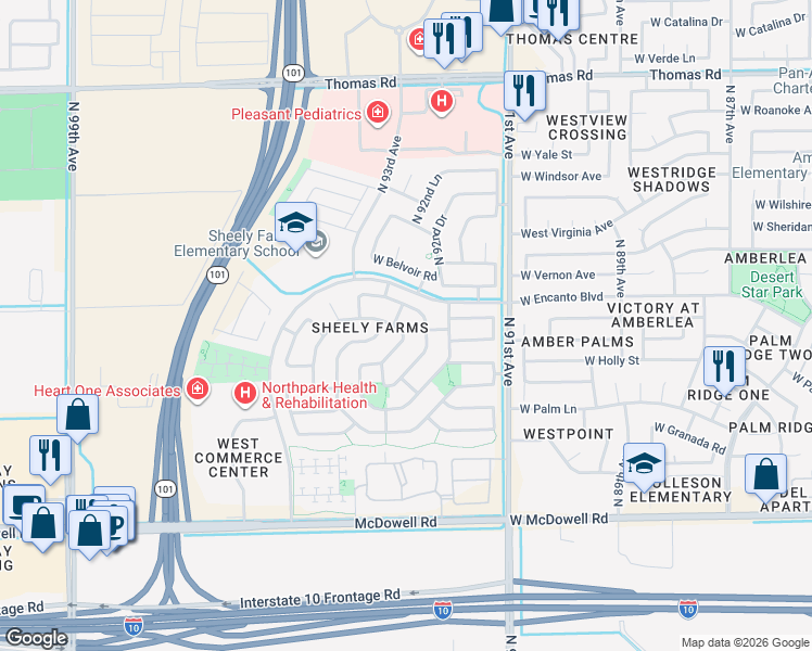 map of restaurants, bars, coffee shops, grocery stores, and more near 2026 North Pacey Road in Phoenix