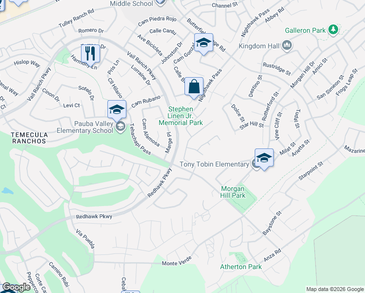 map of restaurants, bars, coffee shops, grocery stores, and more near 33325 Barrington Drive in Temecula