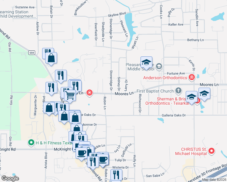 map of restaurants, bars, coffee shops, grocery stores, and more near 1 Sidney Drive in Texarkana