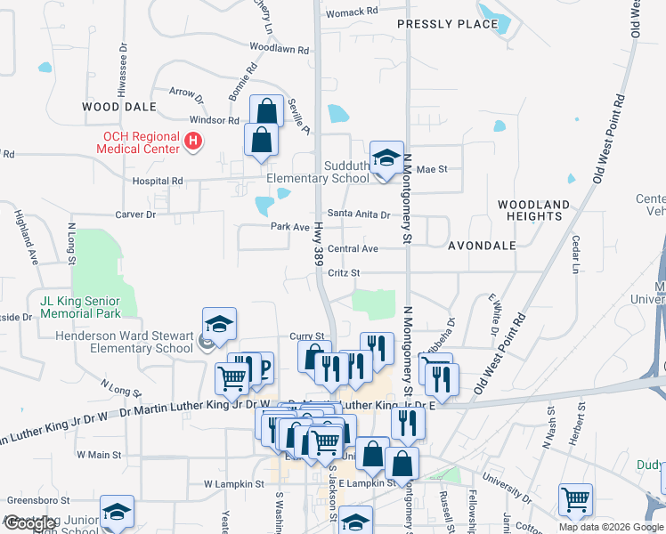 map of restaurants, bars, coffee shops, grocery stores, and more near 301 Critz Street in Starkville