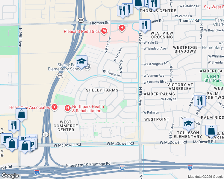 map of restaurants, bars, coffee shops, grocery stores, and more near 2119 North Pacey Road in Phoenix