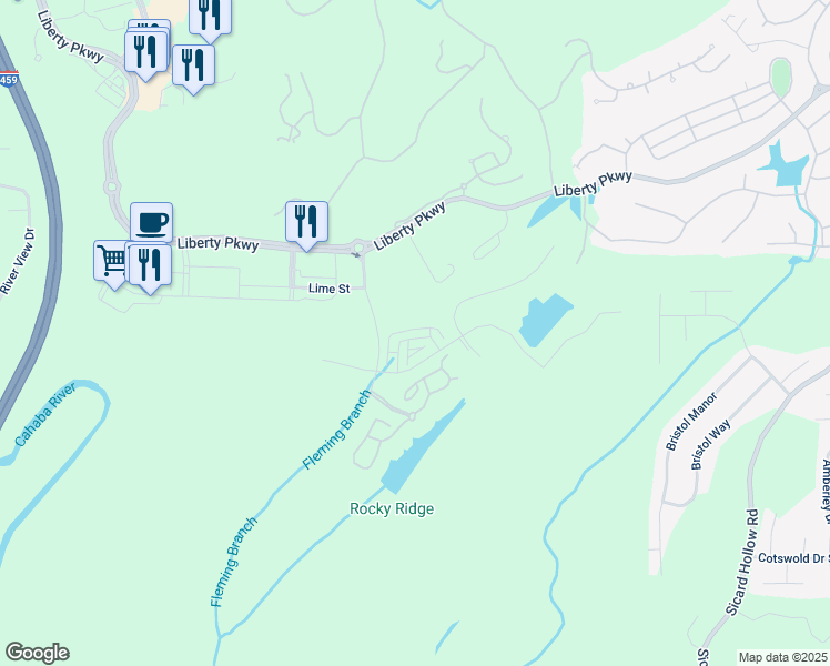map of restaurants, bars, coffee shops, grocery stores, and more near 1004 Liberty Park Loop in Vestavia Hills