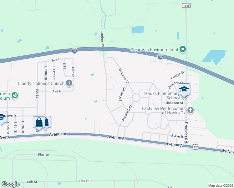 map of restaurants, bars, coffee shops, grocery stores, and more near 113 Roosevelt in Hooks