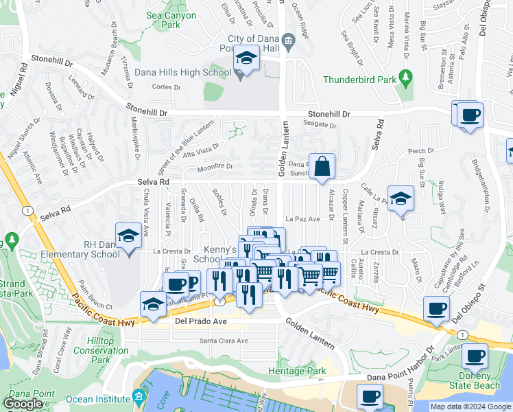 map of restaurants, bars, coffee shops, grocery stores, and more near 33822 Olinda Drive in Dana Point