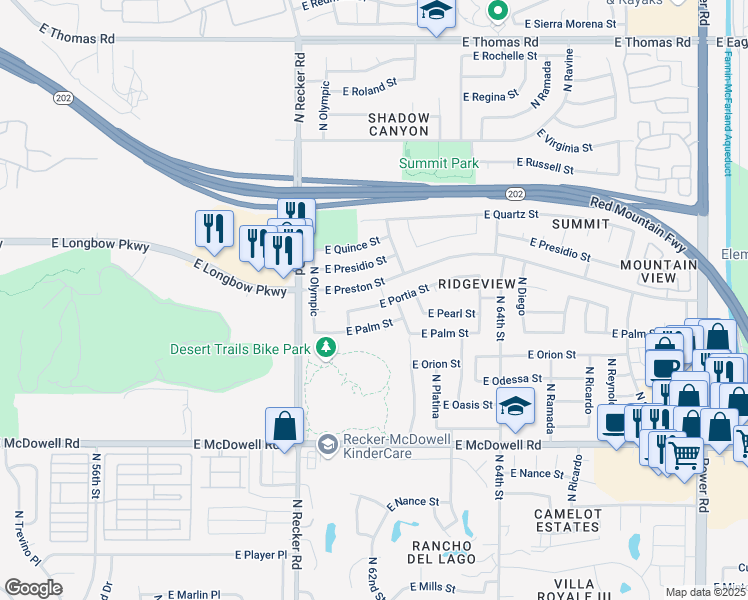 map of restaurants, bars, coffee shops, grocery stores, and more near 6154 East Palm Street in Mesa