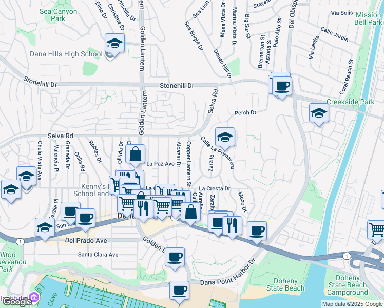 map of restaurants, bars, coffee shops, grocery stores, and more near 33832 Copper Lantern Street in Dana Point