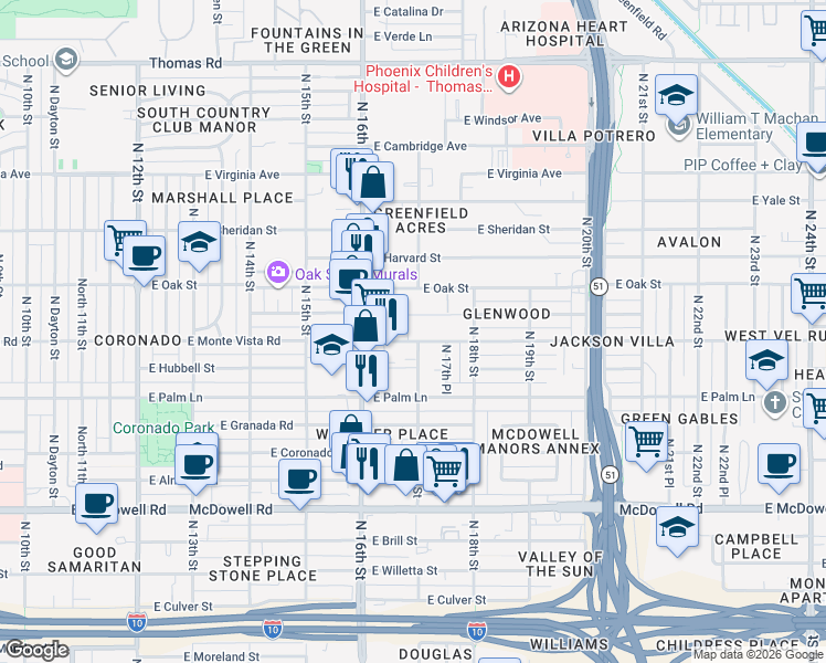 map of restaurants, bars, coffee shops, grocery stores, and more near 2048 North 17th Street in Phoenix