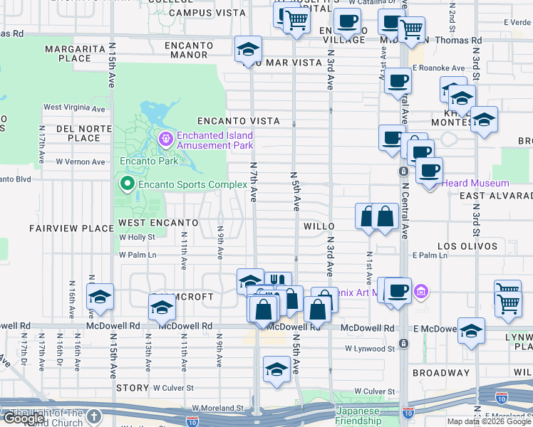 map of restaurants, bars, coffee shops, grocery stores, and more near 521 West Monte Vista Road in Phoenix