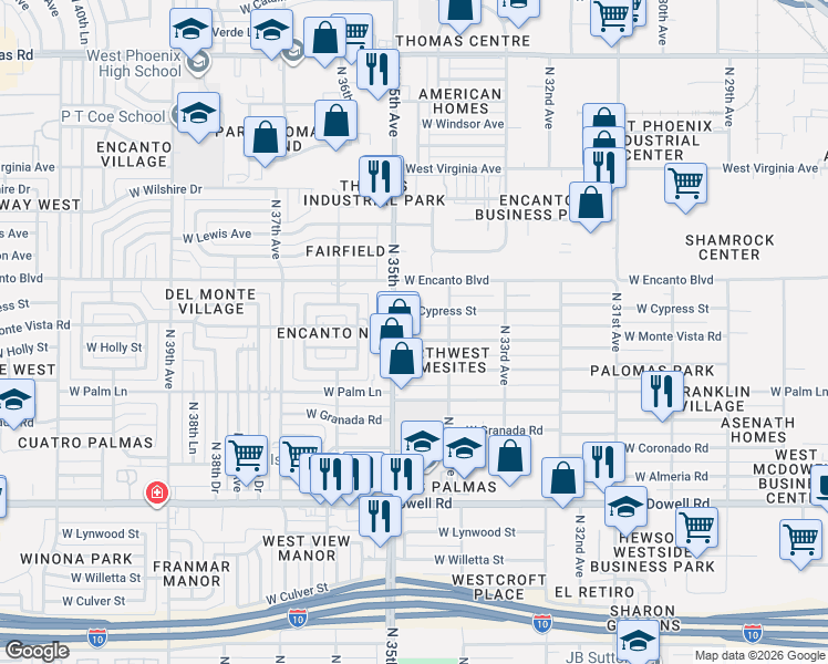 map of restaurants, bars, coffee shops, grocery stores, and more near 3439 West Monte Vista Road in Phoenix
