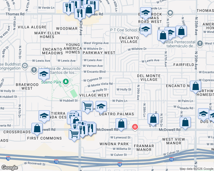 map of restaurants, bars, coffee shops, grocery stores, and more near 4101 West Holly Street in Phoenix
