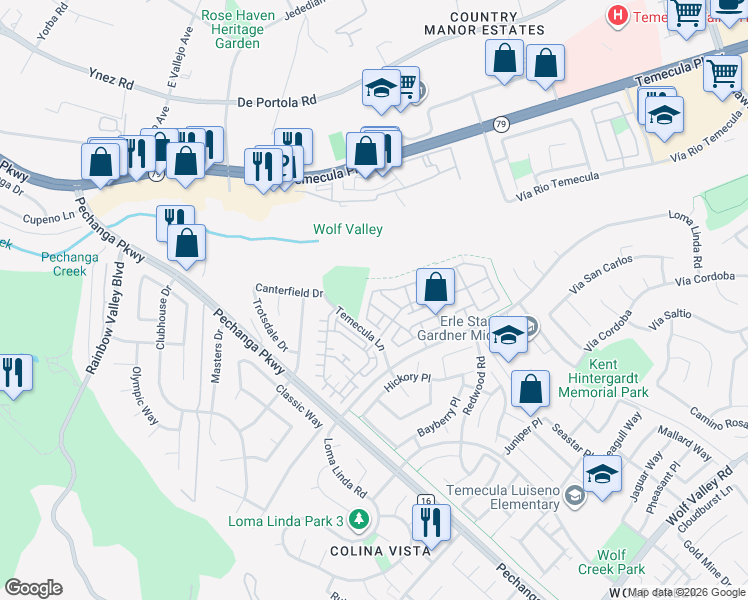 map of restaurants, bars, coffee shops, grocery stores, and more near 31058 Strawberry Tree Lane in Temecula