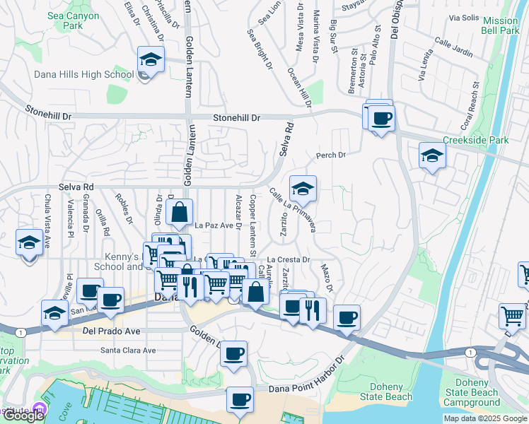 map of restaurants, bars, coffee shops, grocery stores, and more near 33861 Mariana Drive in Dana Point