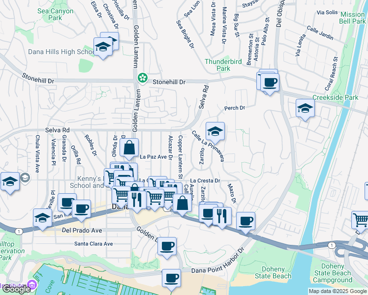 map of restaurants, bars, coffee shops, grocery stores, and more near 33861 Mariana Drive in Dana Point