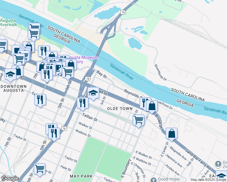 map of restaurants, bars, coffee shops, grocery stores, and more near 231 Broad Street in Augusta