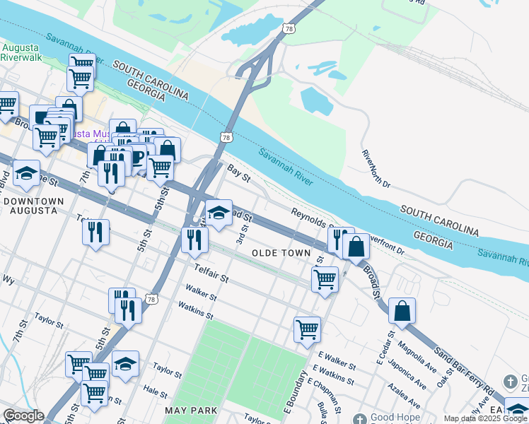 map of restaurants, bars, coffee shops, grocery stores, and more near 231 Broad Street in Augusta
