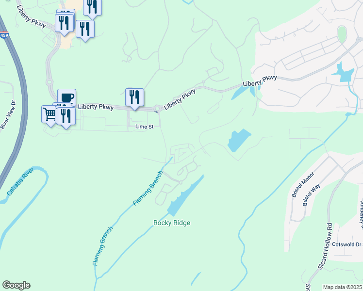 map of restaurants, bars, coffee shops, grocery stores, and more near 1004 Liberty Park Loop in Vestavia Hills