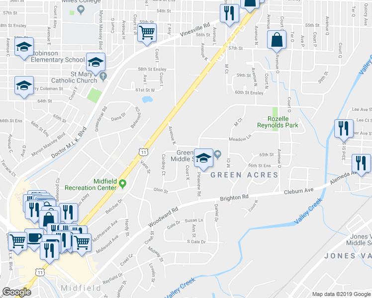 map of restaurants, bars, coffee shops, grocery stores, and more near 6517 Court K in Birmingham