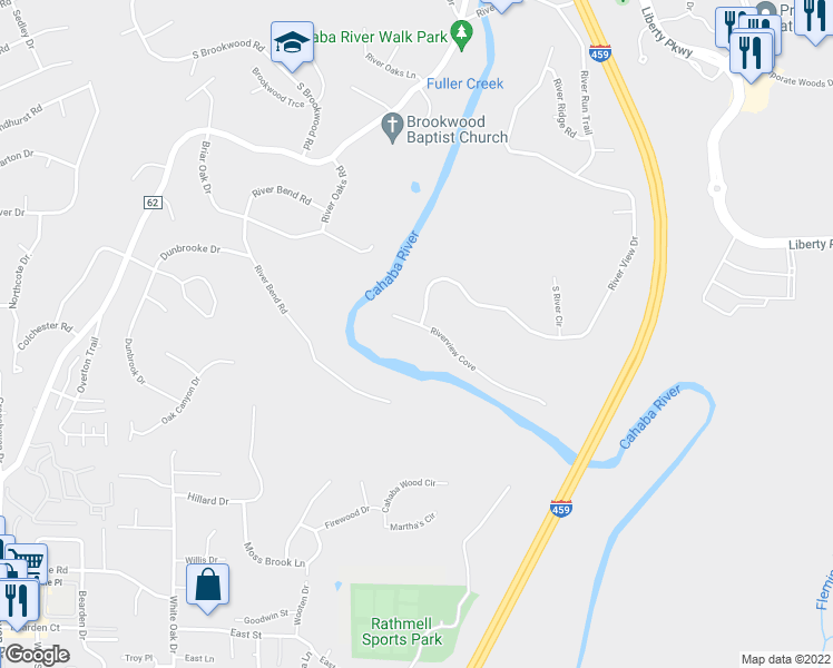 map of restaurants, bars, coffee shops, grocery stores, and more near 4116 Riverview Cove in Vestavia Hills